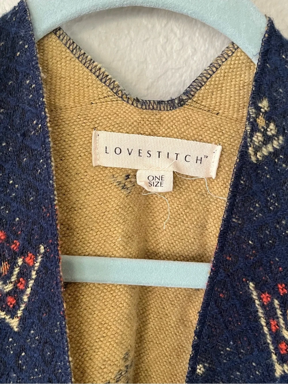 Lovestitch Navy Blue & White Aztec Knit Fringe Poncho Scarf Women's O/S